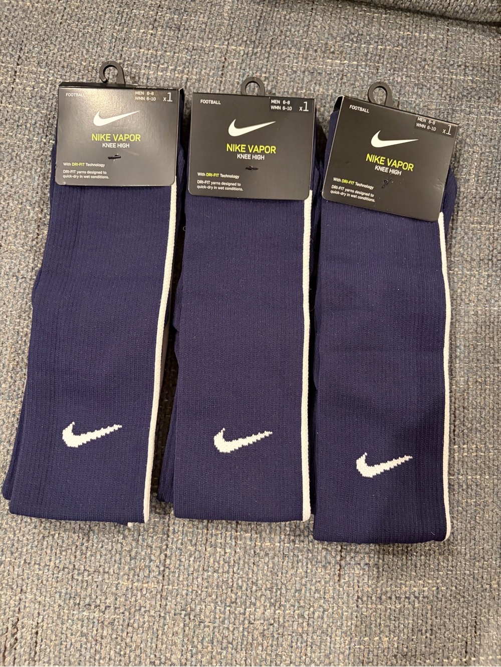 3 Pair-Nike Vapor Navy Knee-High Football Socks with White Swoosh